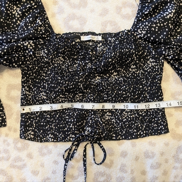 Puff Sleeve Shirred Ruched Black and White Polka Dot Cropped Blouse Tie Front S - Picture 6 of 6